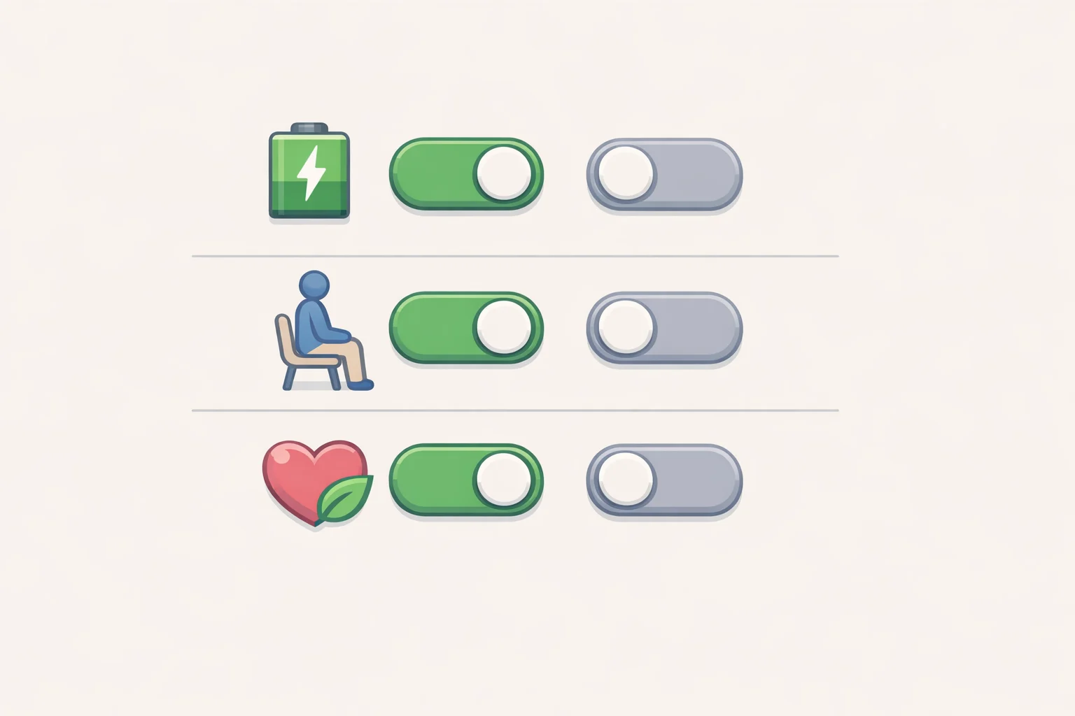 Screenshot-style illustration of the RingConn companion app showing toggles for haptic feedback alert types: battery reminders, sedentary reminders, and wellness notifications