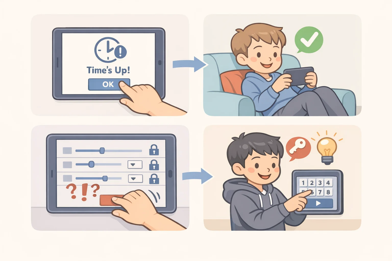Illustration of TikTok-style screen-time controls with low friction dismissal and parental control options that require time and technical steps parents may not manage