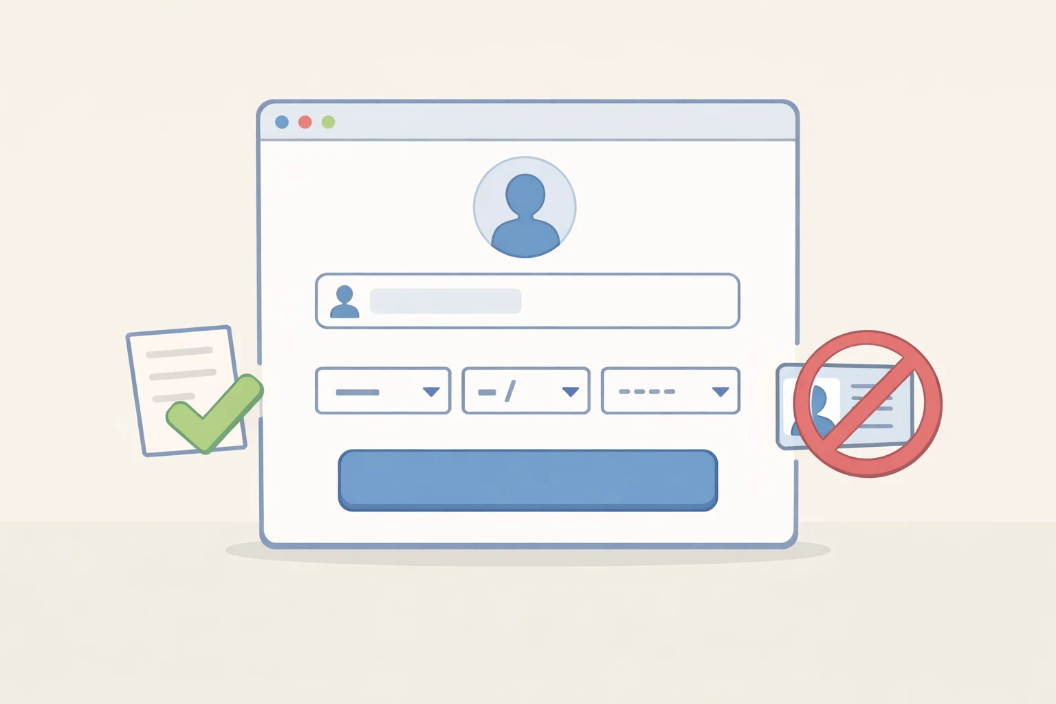 Screenshot-style graphic of an account sign-up flow where a user enters a 14-year-old birth date and passes only an email code check without meaningful age assurance