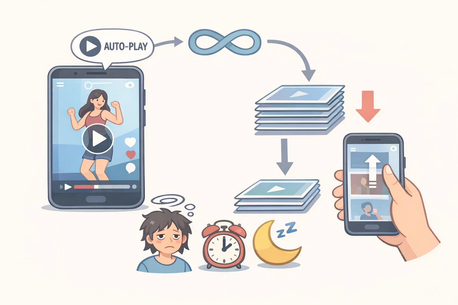 Diagram of an algorithmic "For You" feed using infinite scroll and autoplay that contributes to TikTok EU child safety fines case findings about reduced self-control in children