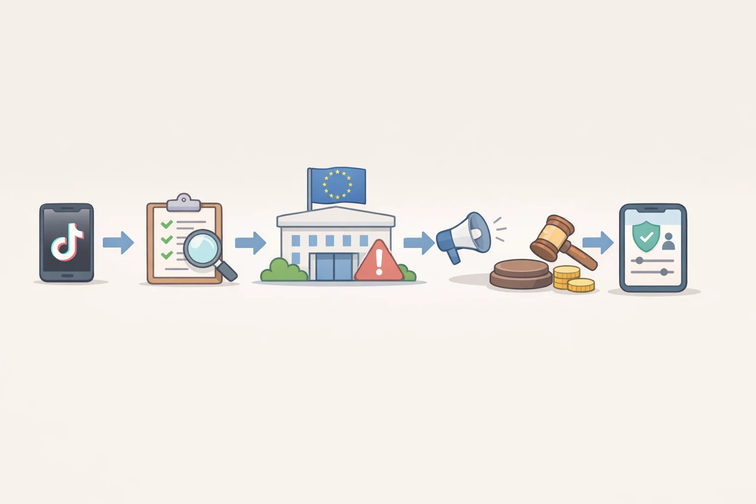 Infographic timeline showing the Digital Services Act child protection case steps: TikTok response, Commission assessment, potential binding order to change addictive features, and possible financial penalty