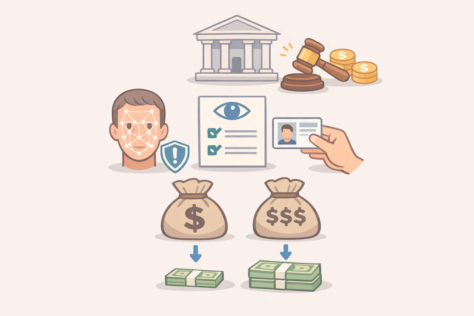 Illustration of a court case document and a summary of biometric settlement amounts tied to alleged face scanning without BIPA consent