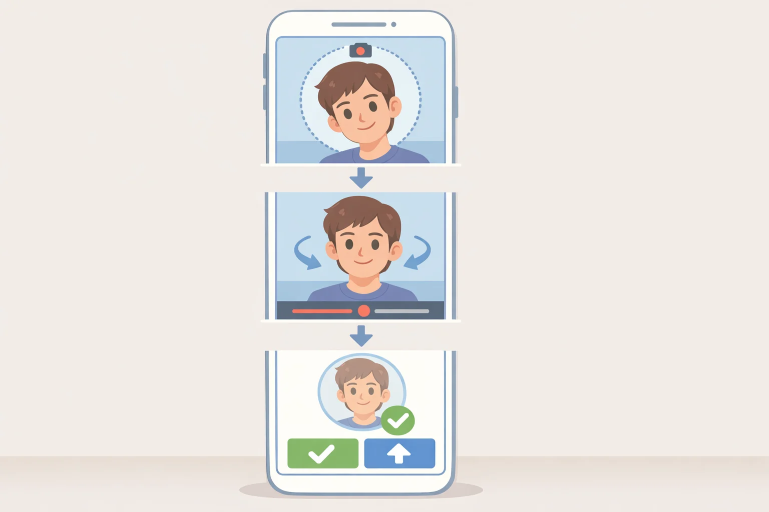 Illustration of a user completing Facebook selfie verification by recording a short video selfie on a phone and submitting it for comparison with profile photos
