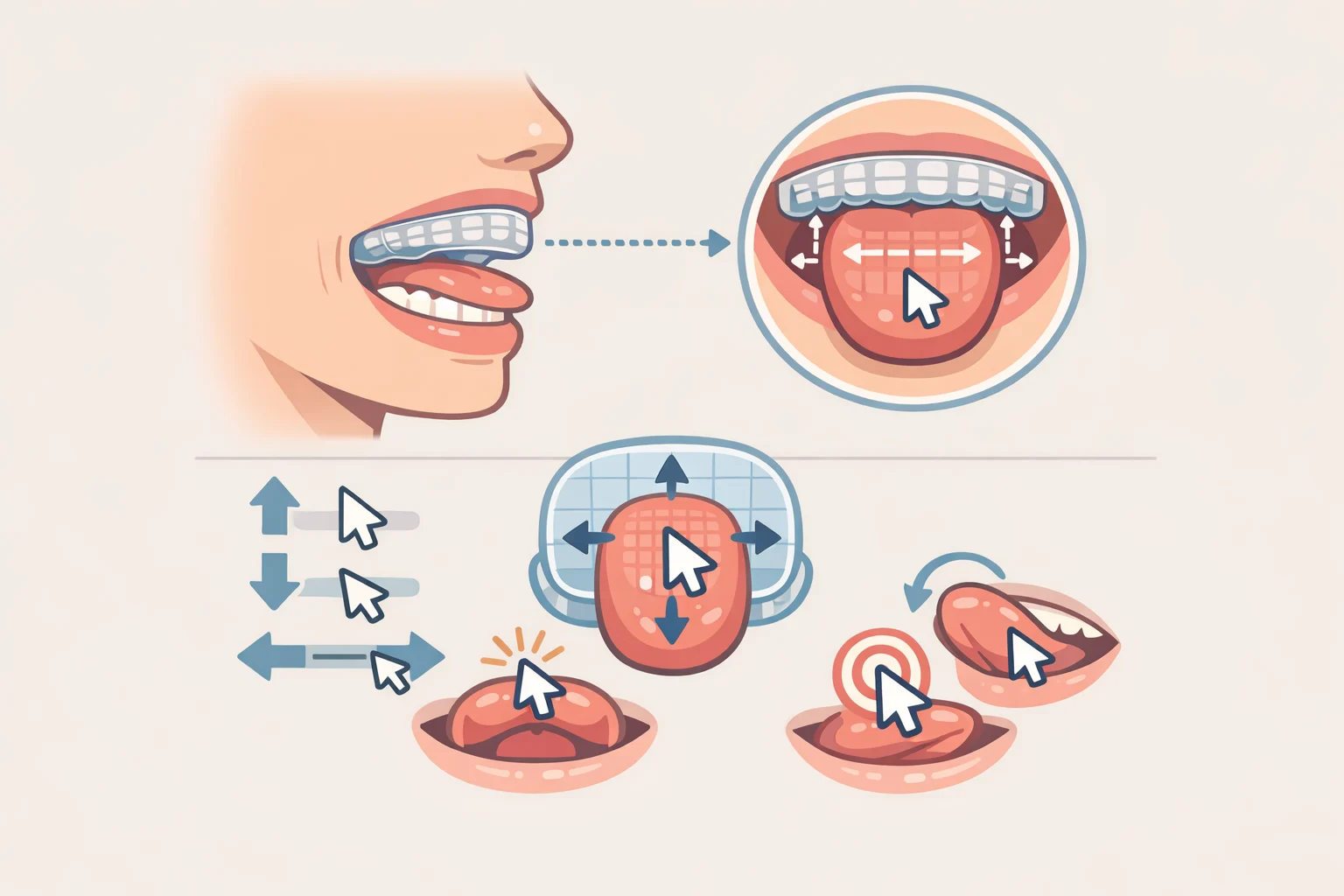 Diagram of the Augmental MouthPad tongue-controlled intraoral mouse showing the custom-molded palate fit and how tongue motion and head or sip-and-puff gestures translate into cursor movements