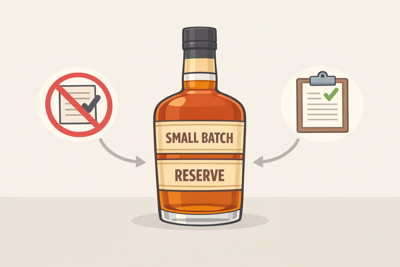 Bourbon label zoomed in on marketing phrases like 'Small Batch Reserve,' 'Reserve,' and 'Handcrafted' with visual cues indicating these terms have no legal definition