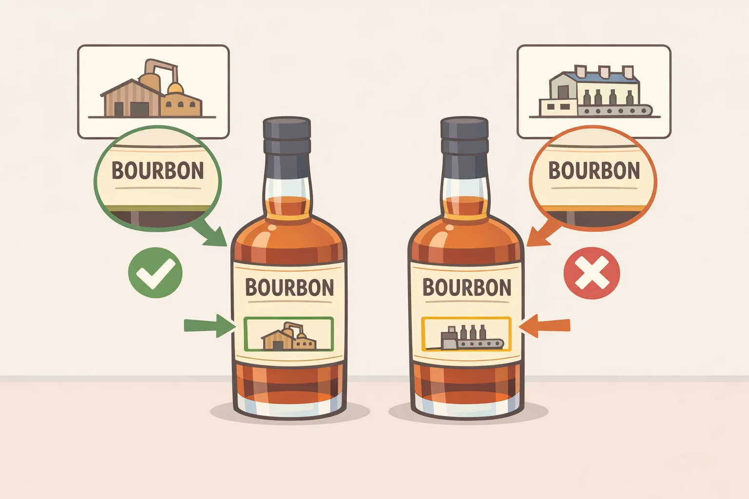 Bourbon bottle label detail showing 'Distilled by' and 'Bottled by' fields side by side to help interpret which sourcing claim is legally meaningful