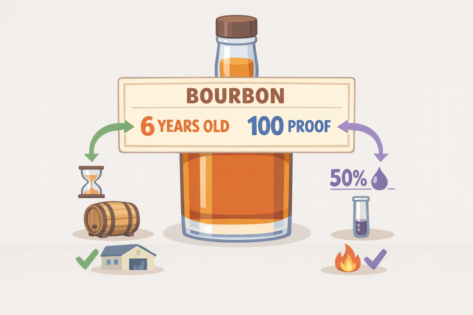 Illustrated bourbon label section displaying an age statement (e.g., 'Aged 7 Years') alongside proof/ABV to indicate compliance with straight bourbon and minimum proof requirements