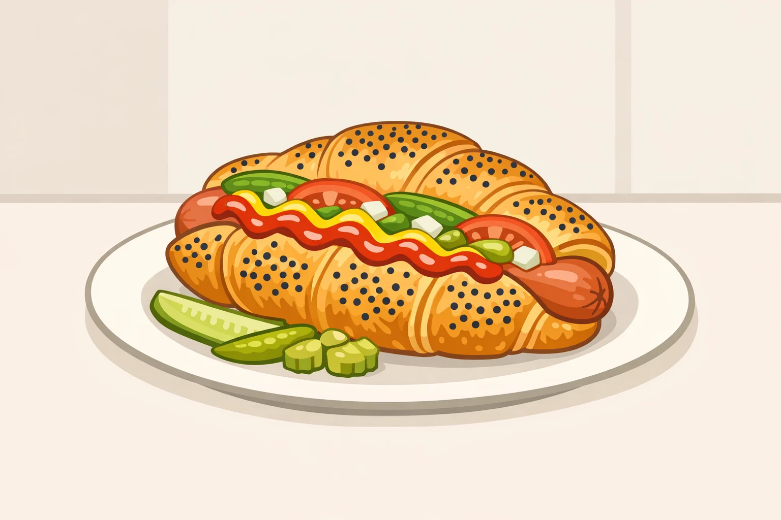 Finished Chicago-style croissant hot dog with poppy seeds pressed into the croissant exterior and traditional garnishes, served like the Wieners Circle collaboration