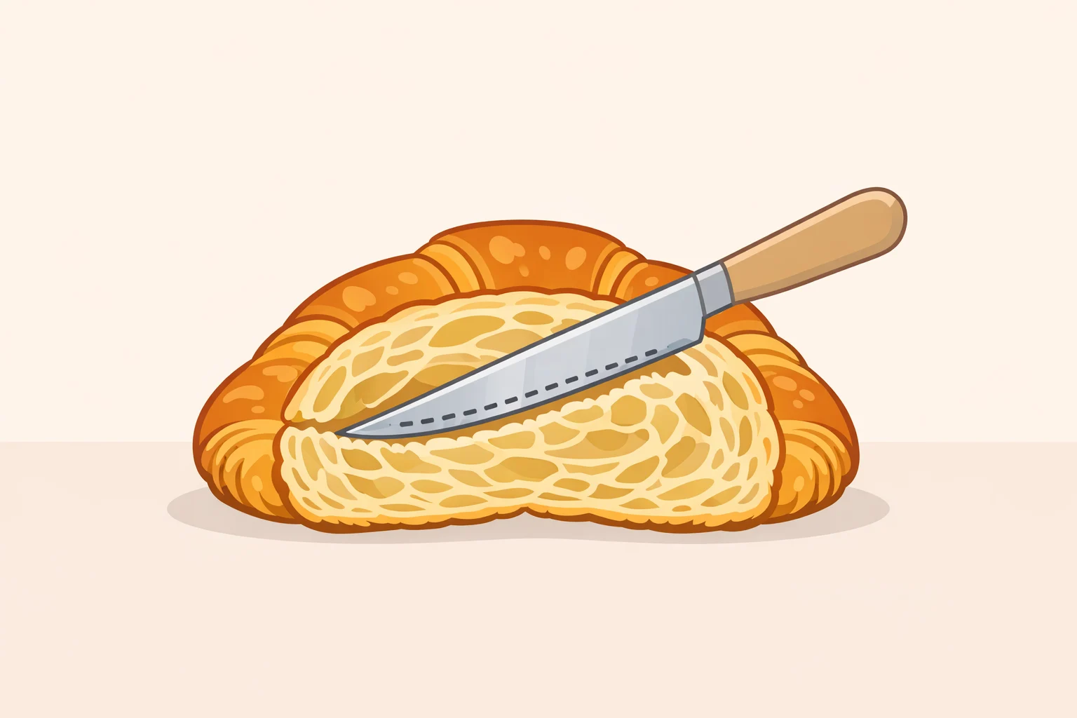 Close-up of a croissant sliced lengthwise from the top like a hinge, showing the pocket that holds a standard-size hot dog for a croissant hot dog recipe