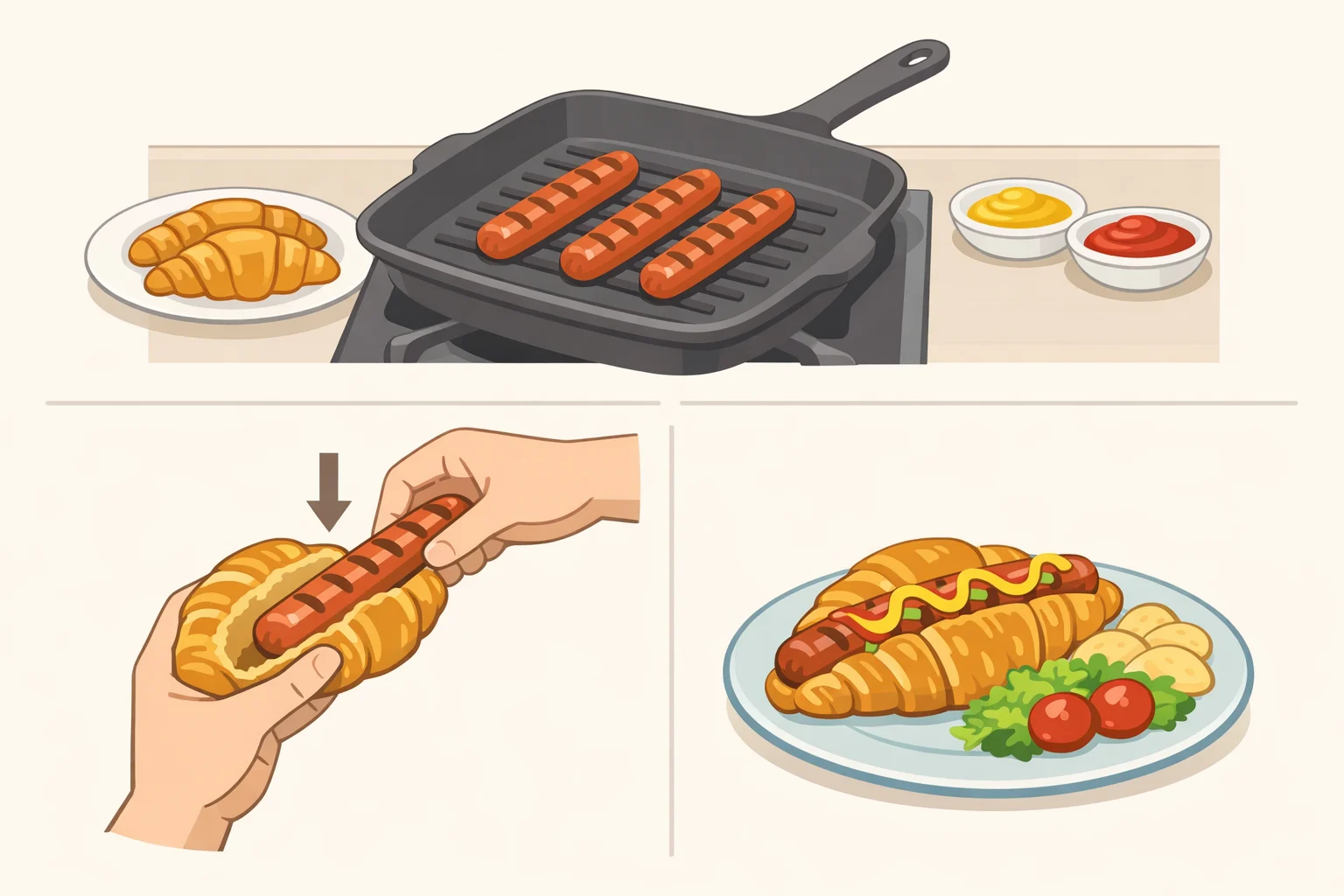 Photo-style scene of standard hot dogs grilling on a grill pan while a croissant hinge pocket holds the hot dog, ready for condiments