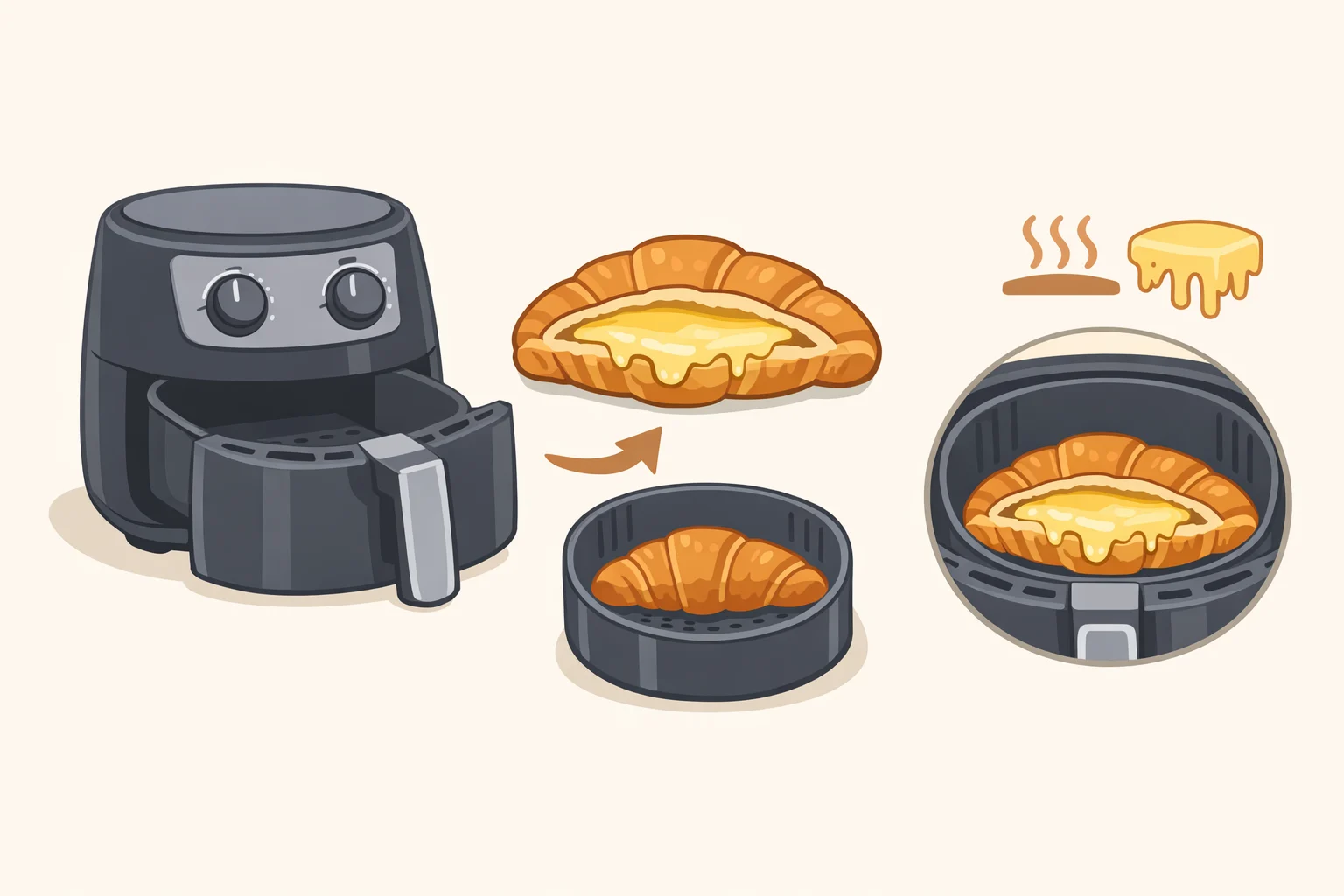 Illustration of an air fryer basket with assembled croissant hot dogs melting cheese inside the hinge cut pocket