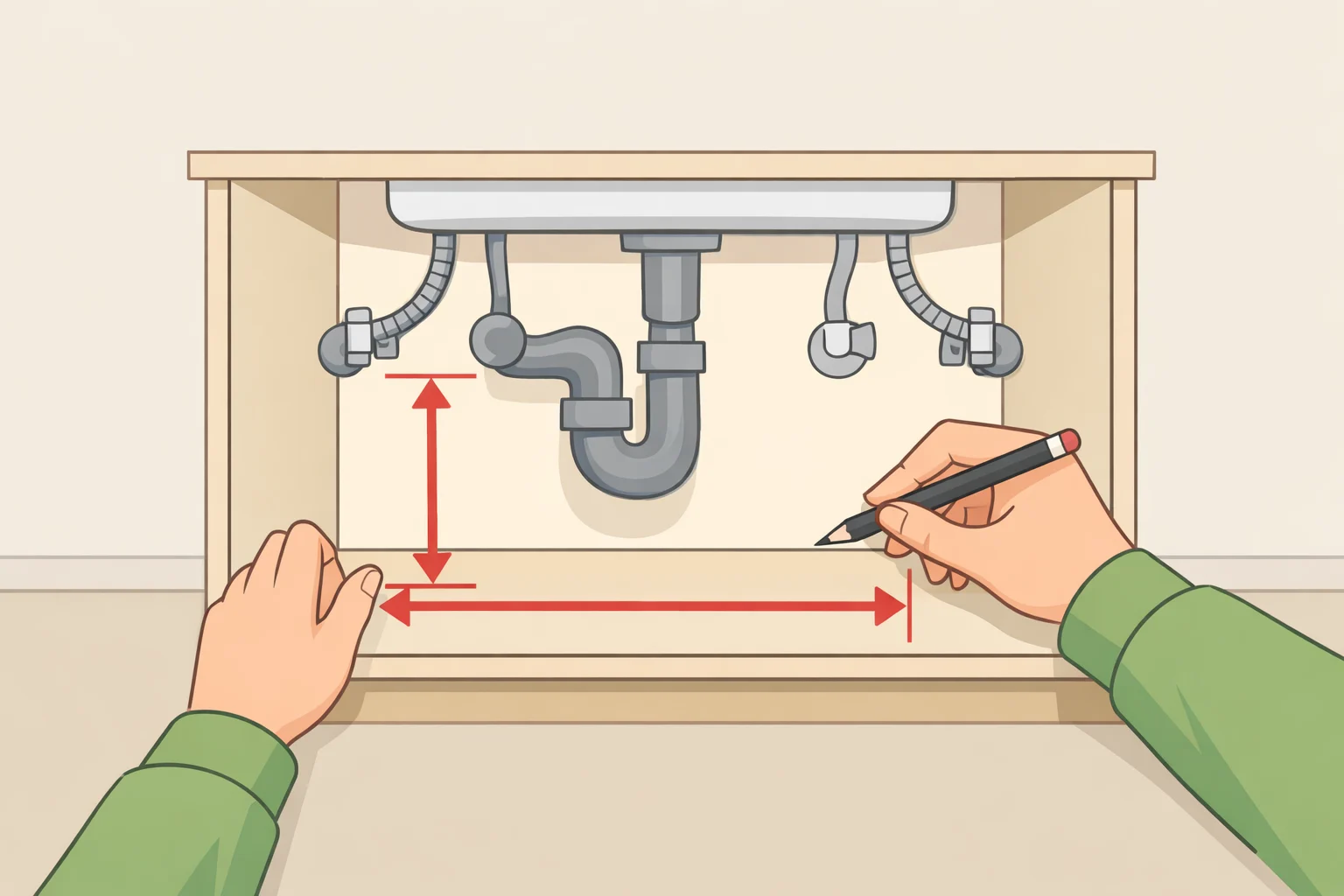 Under-sink cabinet measurement sketch showing interior width, drain pipe height, and supply line positions to guide renters with under-sink storage ideas for renters