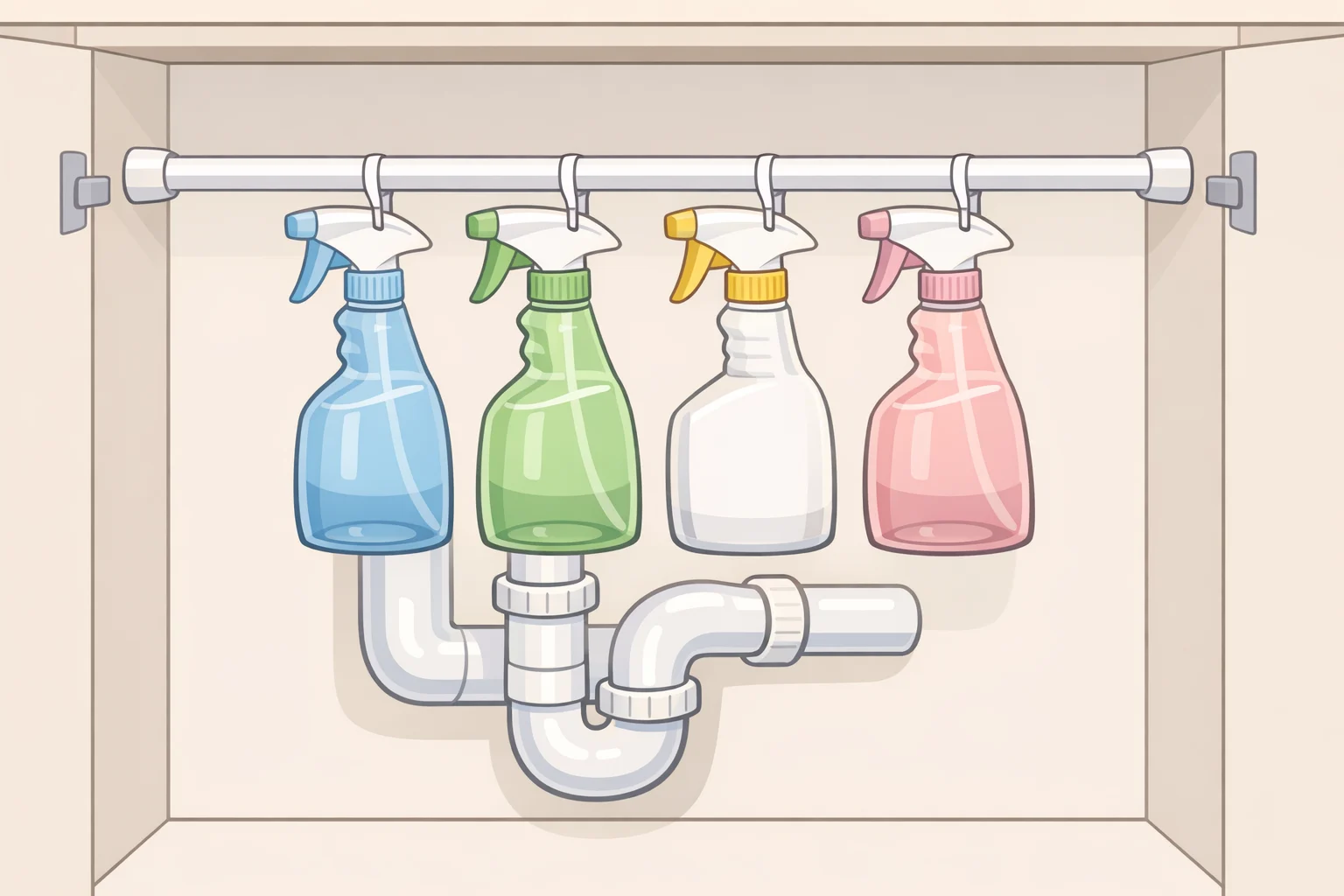 Pressure-mounted tension rod installed under an under-sink cabinet above the drain pipe holding multiple spray bottles by their triggers