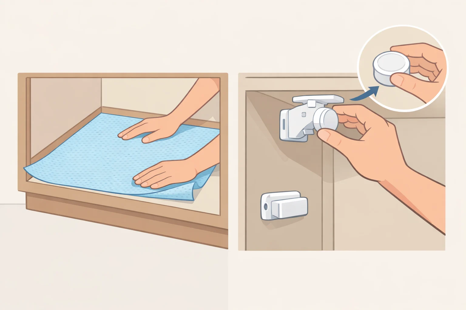 Under-sink cabinet setup with a non-adhesive waterproof liner laid flat and a magnetic child-safety lock mounted to the cabinet interior frame