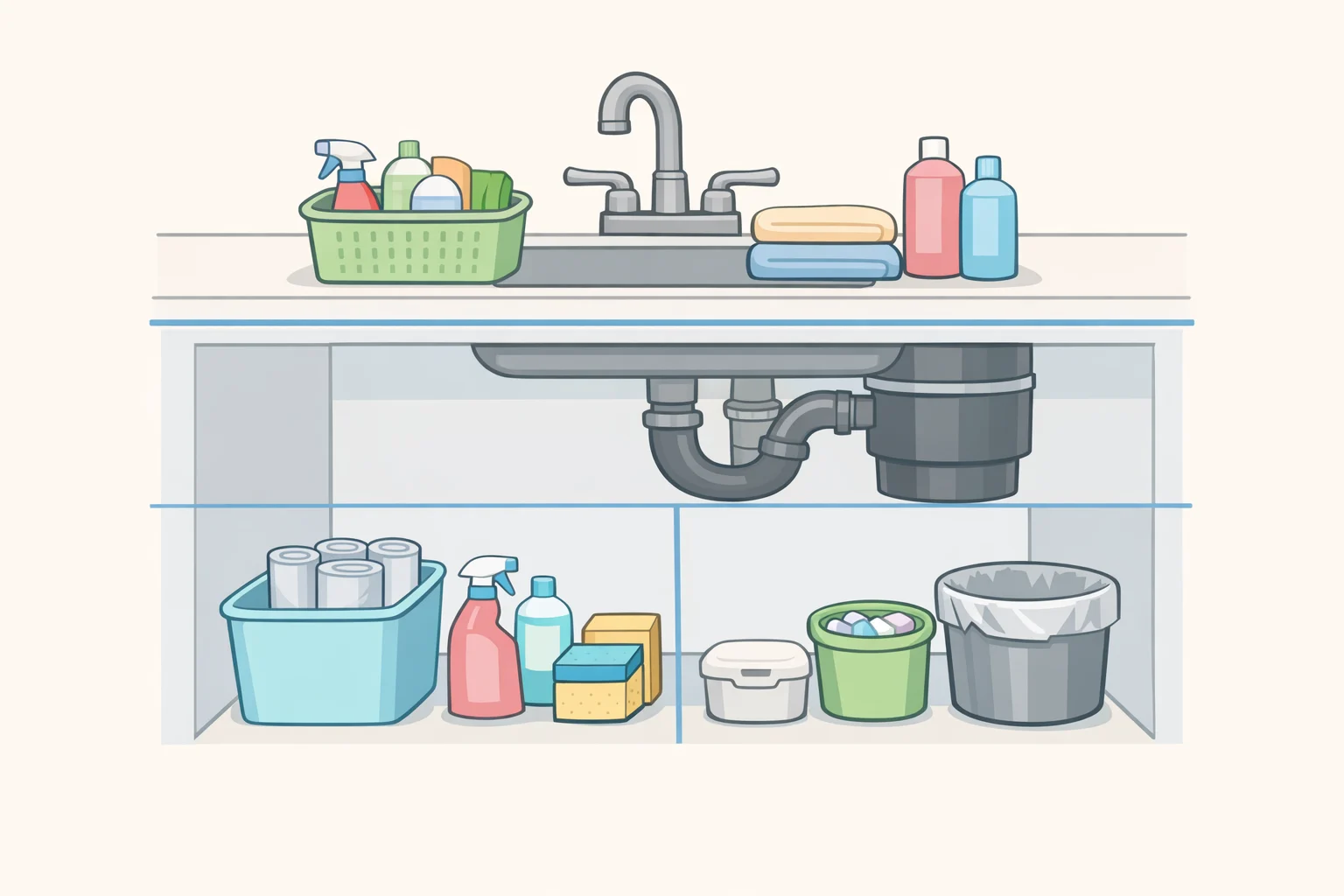 Diagram of under-sink zoning showing upper storage for spray bottles and hooks, the disposal-free side floor bin for daily supplies, and the disposal-side bin for backstock