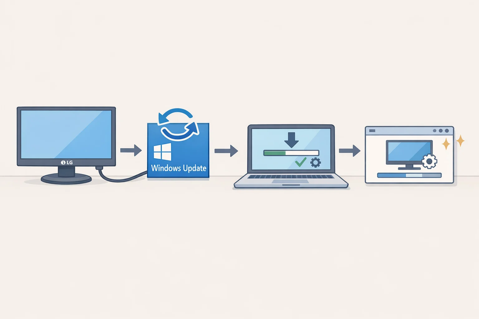 Diagram showing an LG UltraGear monitor connecting to a Windows PC and silently delivering the LG Monitor App Installer through the official driver distribution path, a flow associated with LG unwanted ads on screens