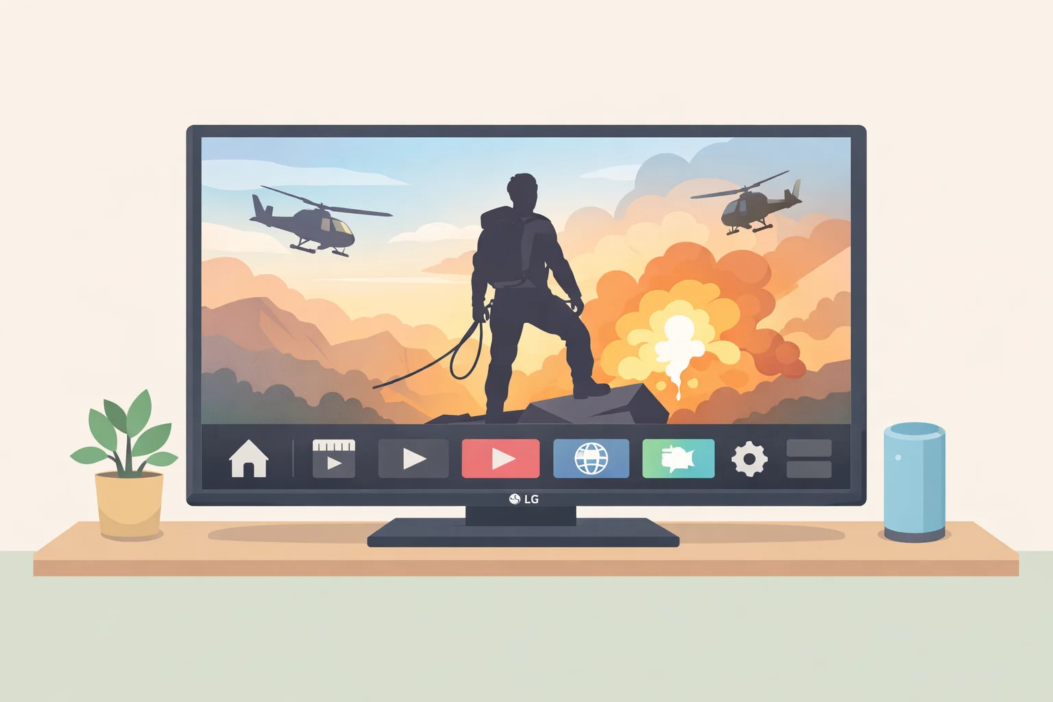 Illustration of an LG TV startup screen with a full-frame video advertisement integrated into the TV interface at the first moment of user interaction