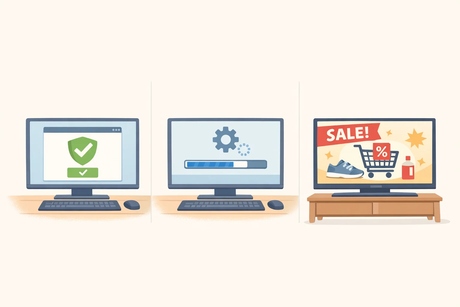 Comparison chart-style illustration showing the McAfee pop-up disabled for the LG monitor while LG TV startup full-frame video ads remain unchanged