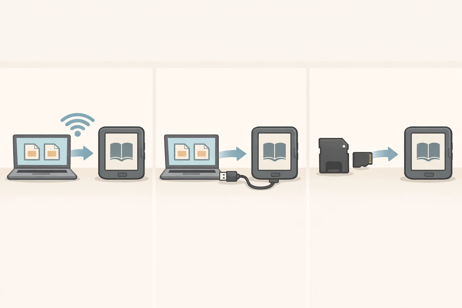 Diagram of book loading options for an ultra-compact e-reader: Wi-Fi sync, USB file transfer, and microSD card insertion