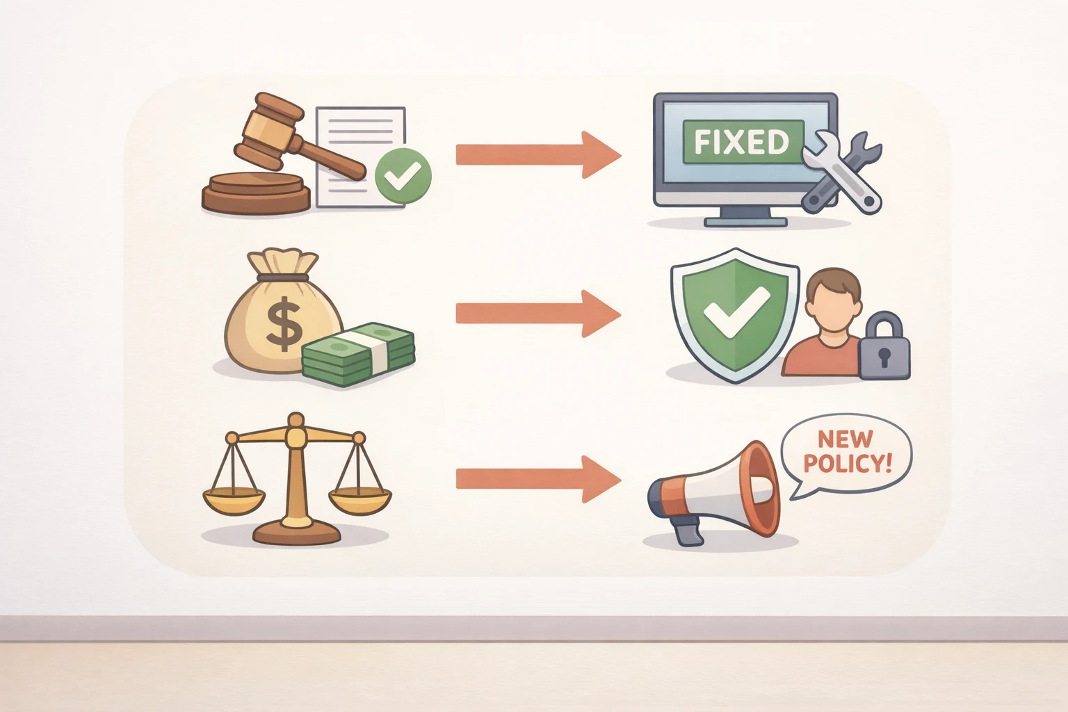 Infographic linking potential court-ordered changes like age verification, safer direct message defaults, parent-controlled monitoring, and higher friction to immediate re-entry after bans.