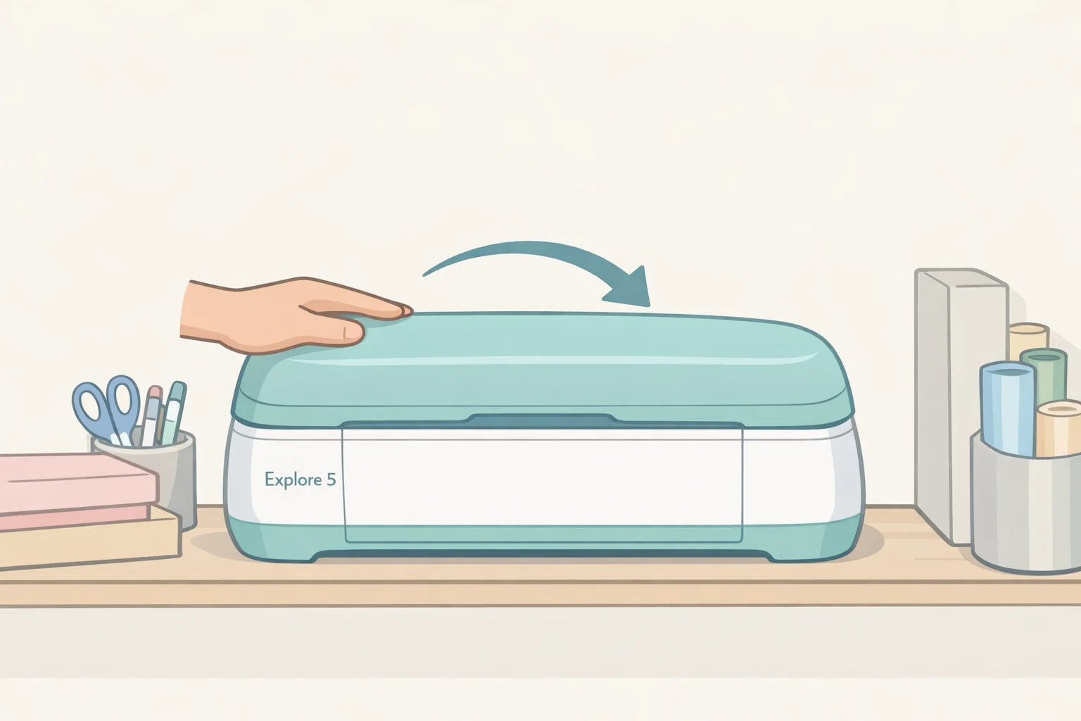 Cricut Explore 5 compact clamshell design shown alongside its footprint to illustrate easy storage for weekend projects