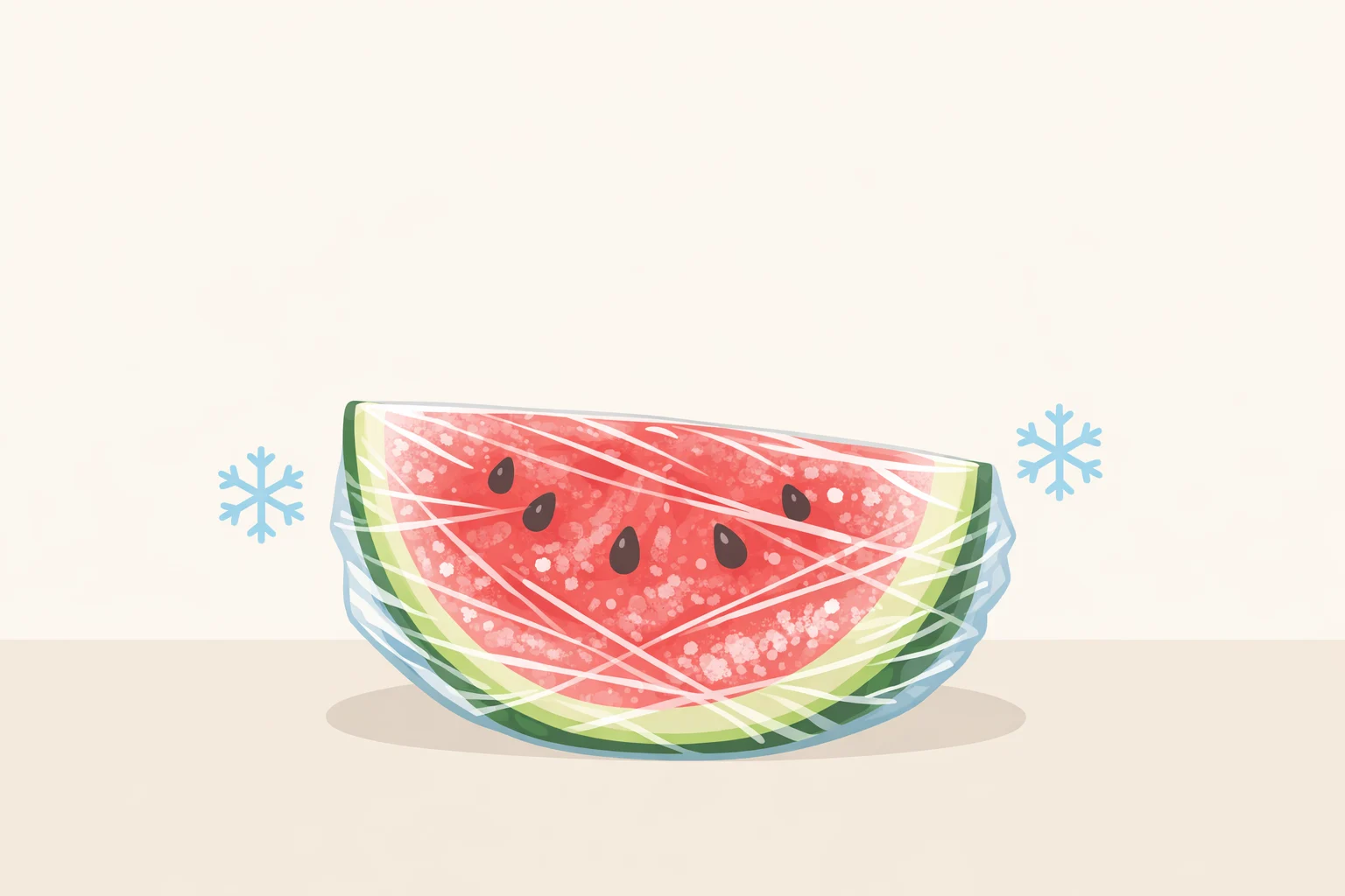 Close-up of plastic wrap tightly pressed to the exposed watermelon flesh before overnight freezing to prevent a separate icy surface layer for the watermelon ice cream hack