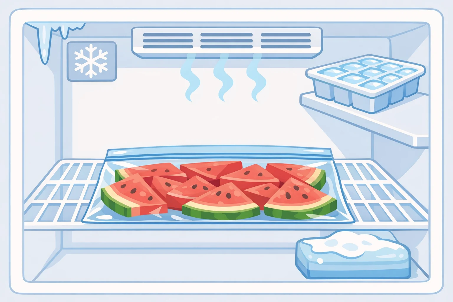 A seedless watermelon lying flat on a cleared freezer shelf, wrapped and spaced so it freezes evenly for the watermelon ice cream hack