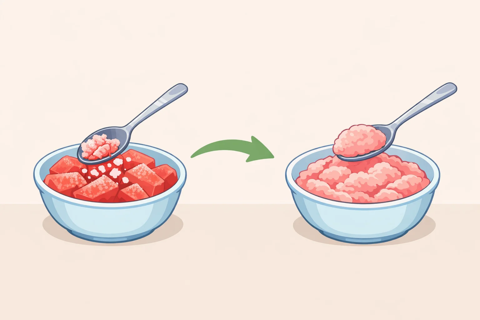 A spoon scraping solid frozen watermelon flesh into fluffy, light shavings mixed with fat-based liquidhow the watermelon ice cream hack works