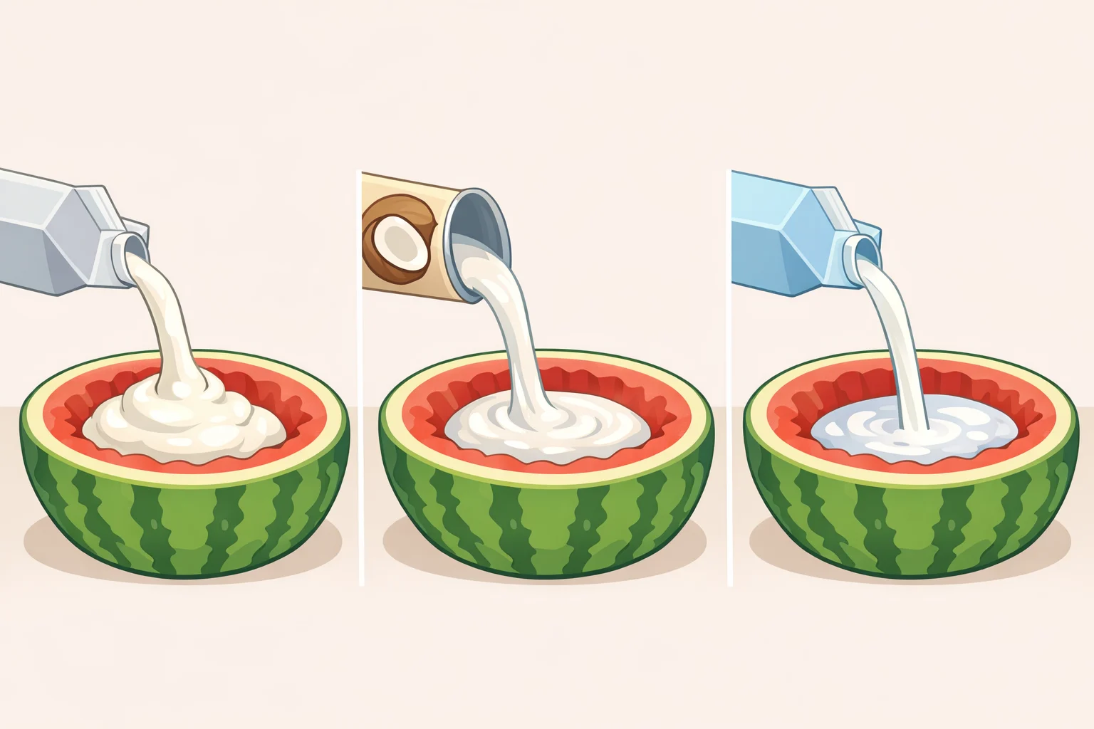 A top-down view of a hollowed watermelon half filled with heavy cream versus full-fat coconut milk for the watermelon ice cream hack (and a reminder that the best results come from higher-fat liquids)