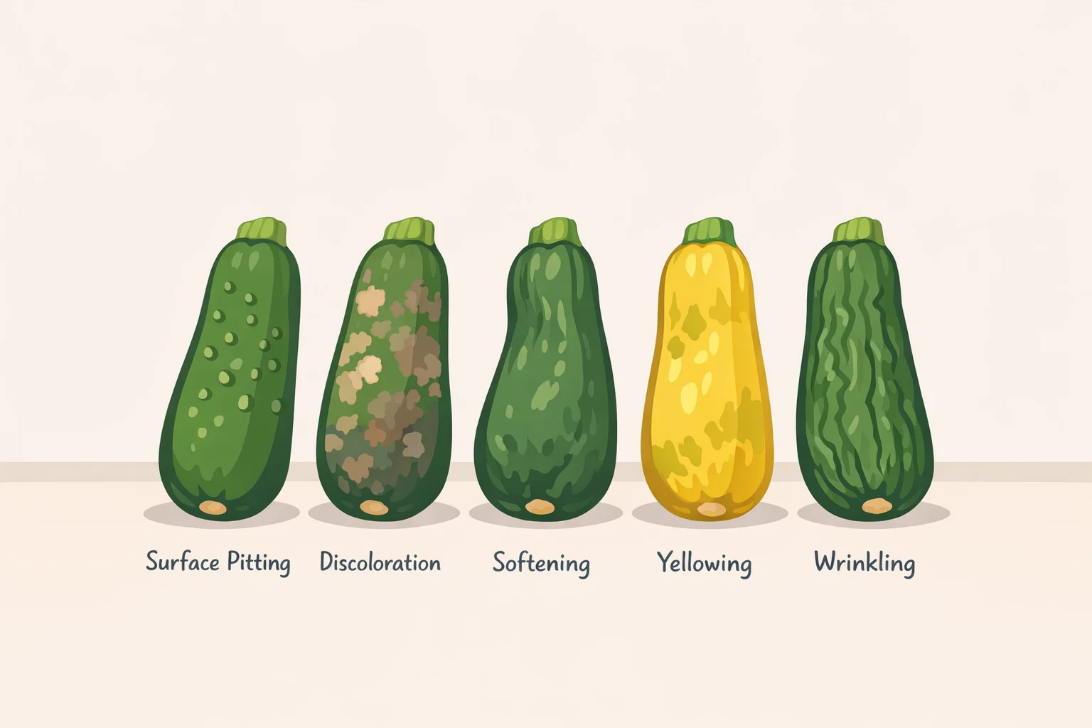 A close-up guide to zucchini spoilage signs: surface pitting and browning, localized soft spots, widespread softening with yellowing, and slight wrinkling indicating moisture loss