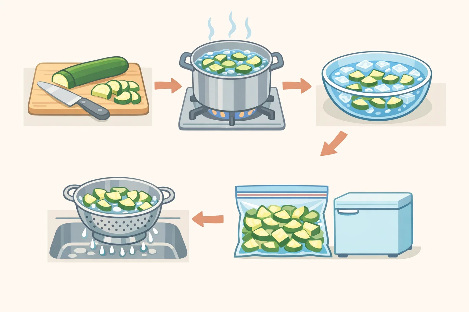 Freezing zucchini process: sliced zucchini pieces blanched for three minutes, cooled in ice water, drained, and packed into freezer bags for storage at 0°F or below
