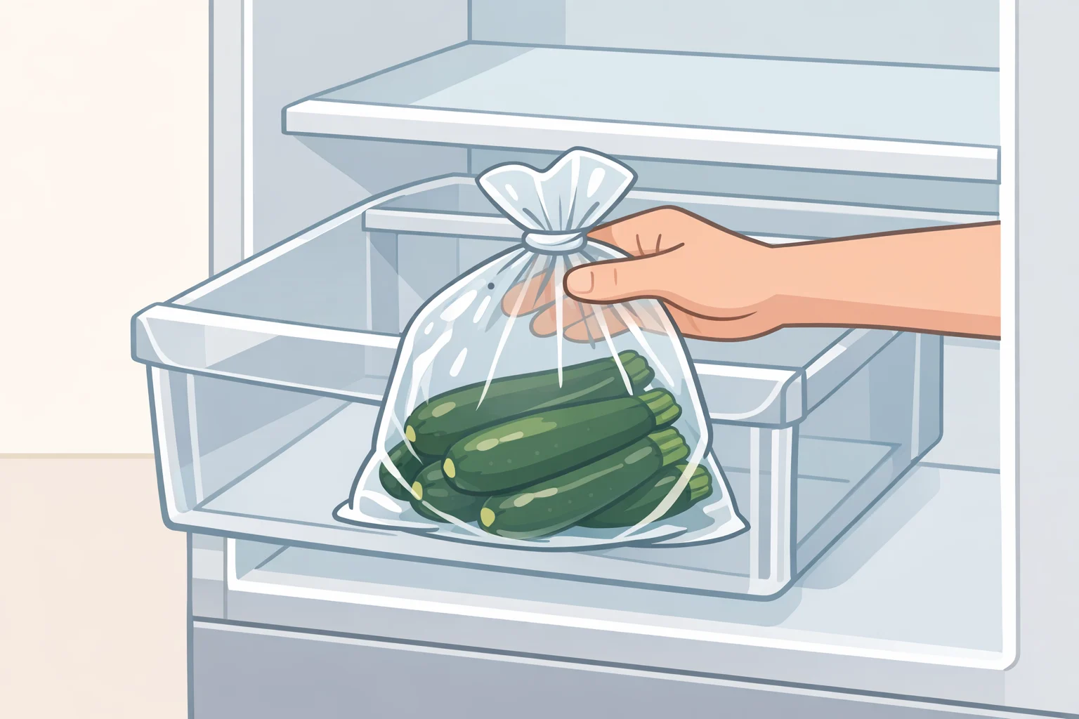 Dry, unwashed zucchini stored in a loosely vented produce bag with airflow holes, placed in the crisper drawer for humidity-balanced refrigeration