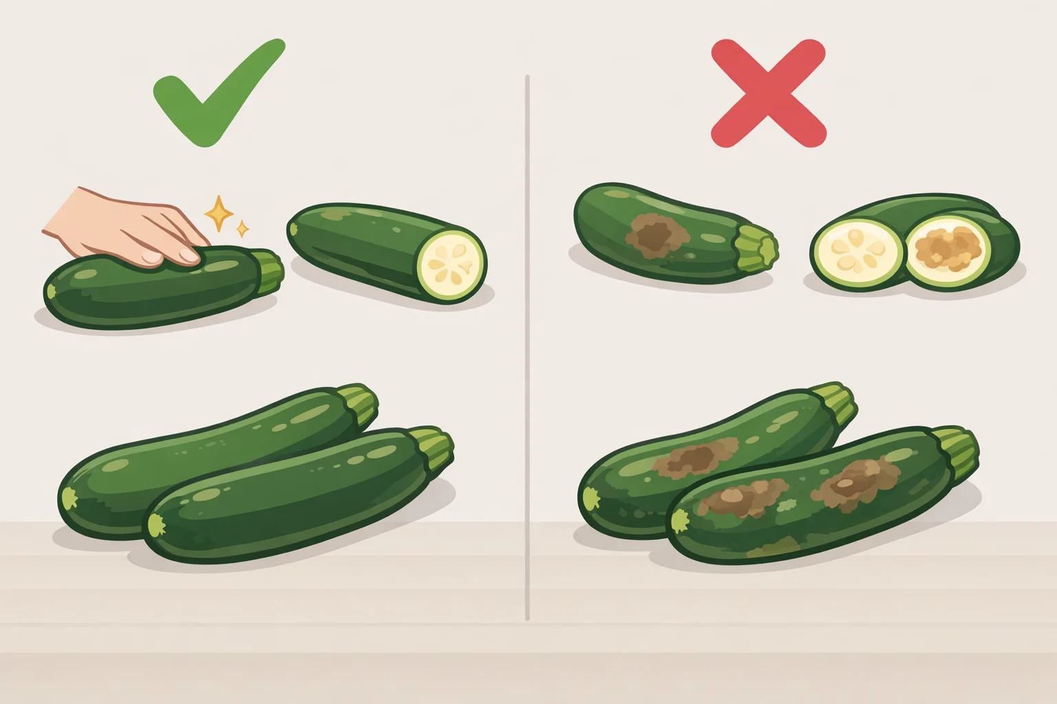 Choosing zucchini that holds up best: firm skin with no soft spots, pitting, or discoloration versus damaged zucchini with abrasions that create decay entry pointskey to understanding how to store zucchini effectively