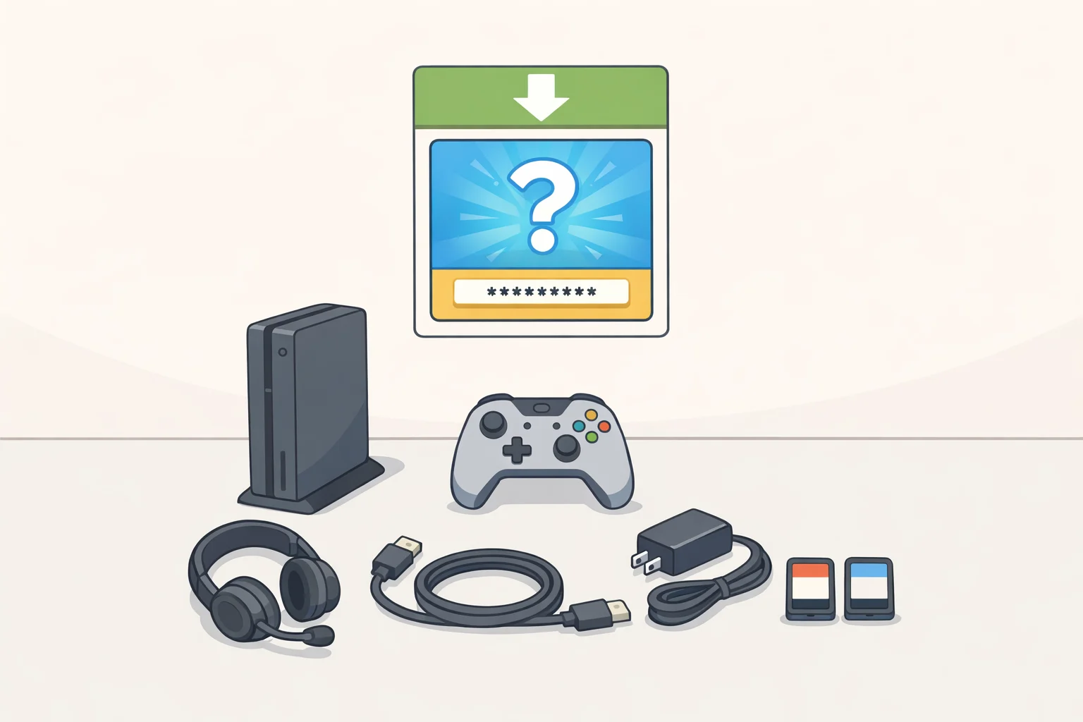 Nintendo Switch 2 Choose Your Game Bundle 'What's in the box' contents with the console, Joy-Con 2 controllers, dock, cables, and the 'Choose One' game download code insert