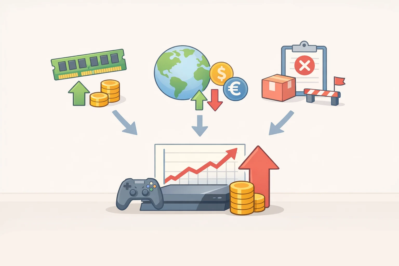 Diagram showing Furukawa’s stated cost drivers—memory/component prices, foreign exchange shifts, and oil trends—leading to the Nintendo Switch 2 price increase