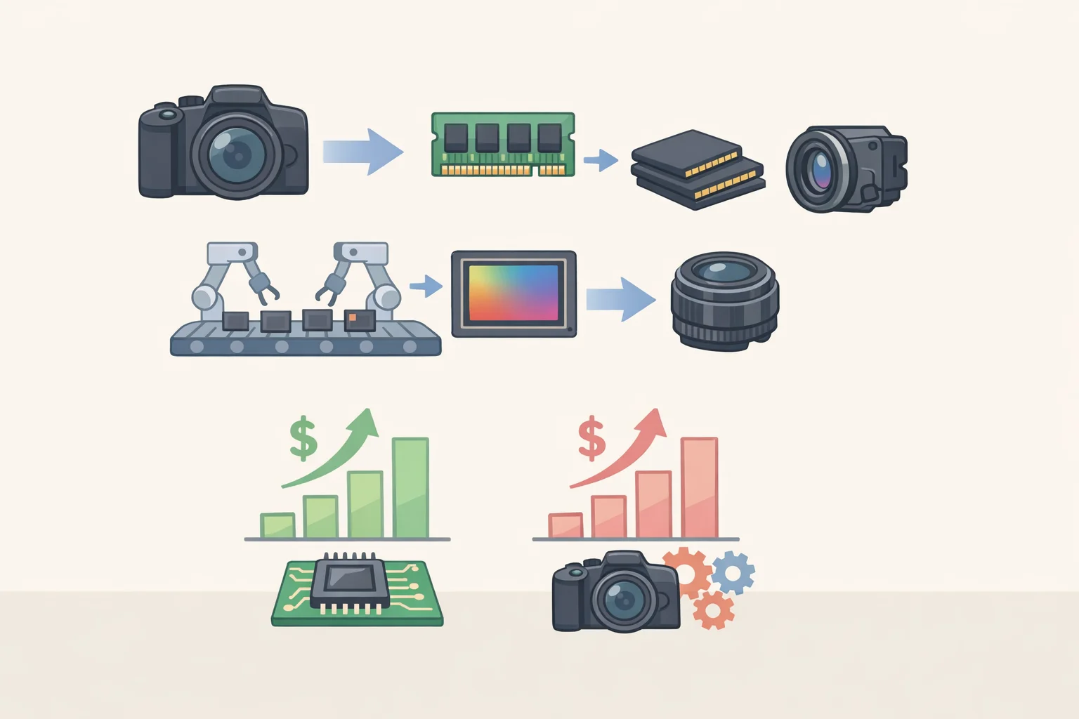 Diagram linking DRAM, NAND flash, processors, and camera sensors to mirrorless camera components affected by semiconductor supply costs