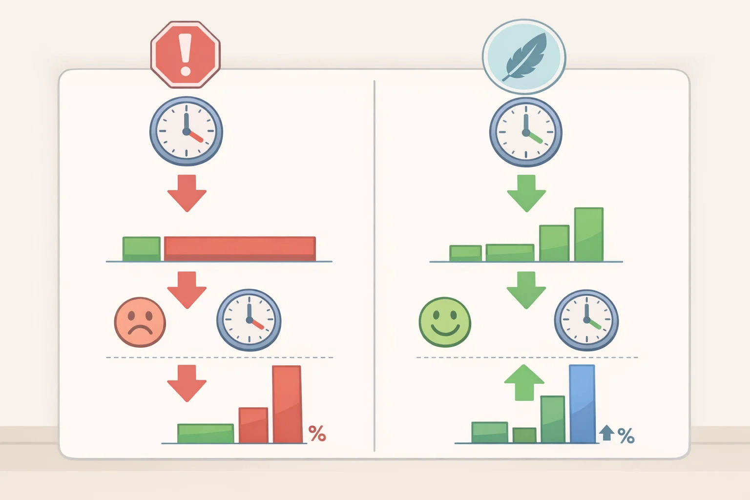 Illustration comparing friction-based interventions, showing higher acceptance and reduced target-app use for subtle touch delays versus standard timed lockouts.