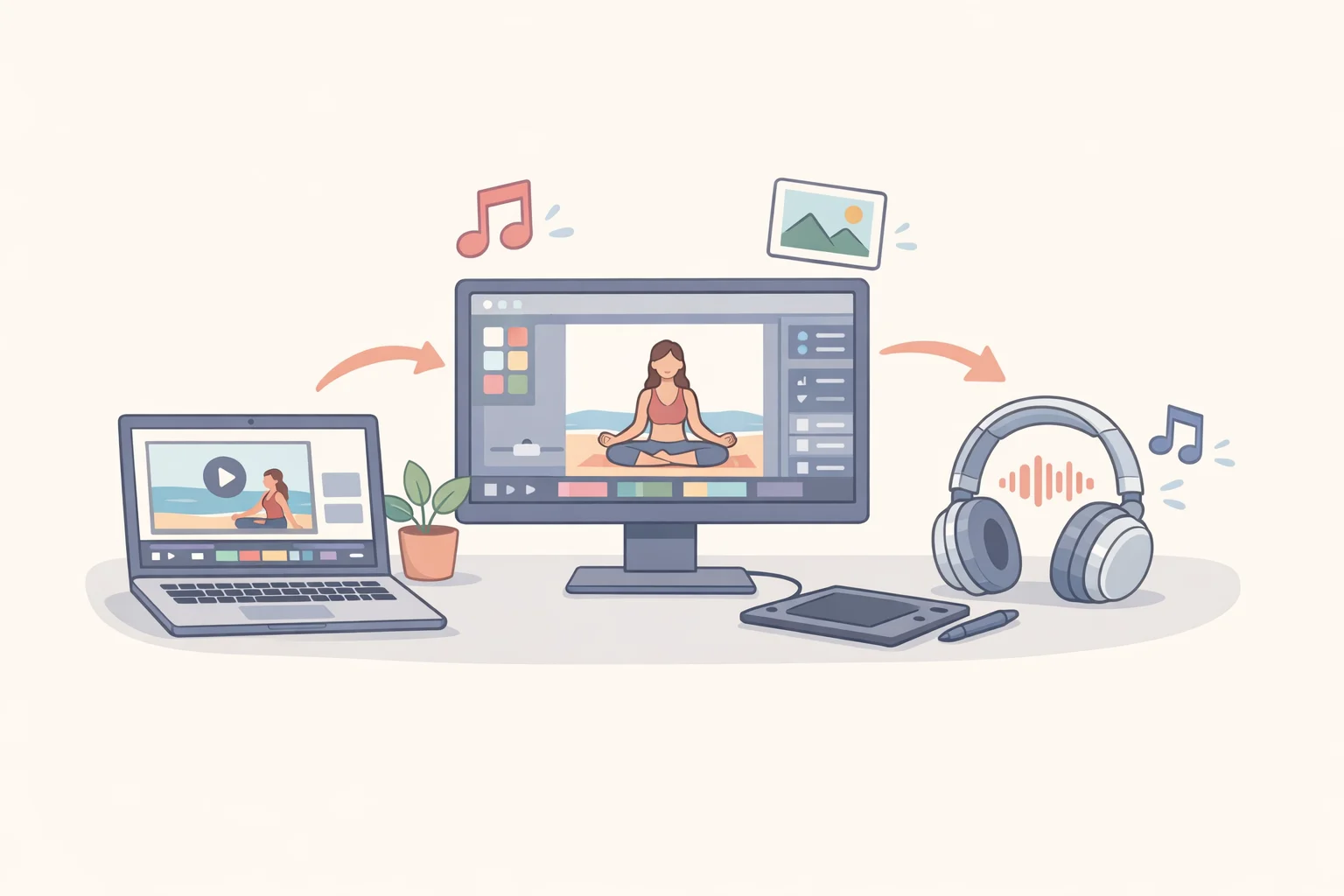 A connected ecosystem graphic for the Yoga creator bundle pairing the Yoga Pro 9i Aura Edition laptop, Yoga Pro 27UD-10 monitor, and Bose-tuned headphones for improved creative and immersive workflows.