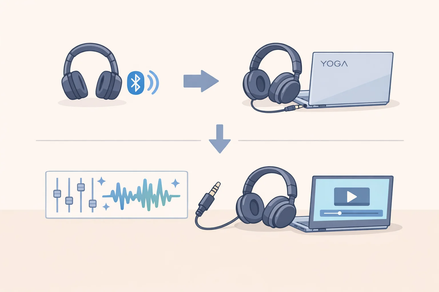A diagram showing the Lenovo Headphone Yoga PC Edition connected via 3.5mm to a compatible Yoga Pro 9i, disabling extra sound processing and using essential noise-cancelling circuitry in wired mode.