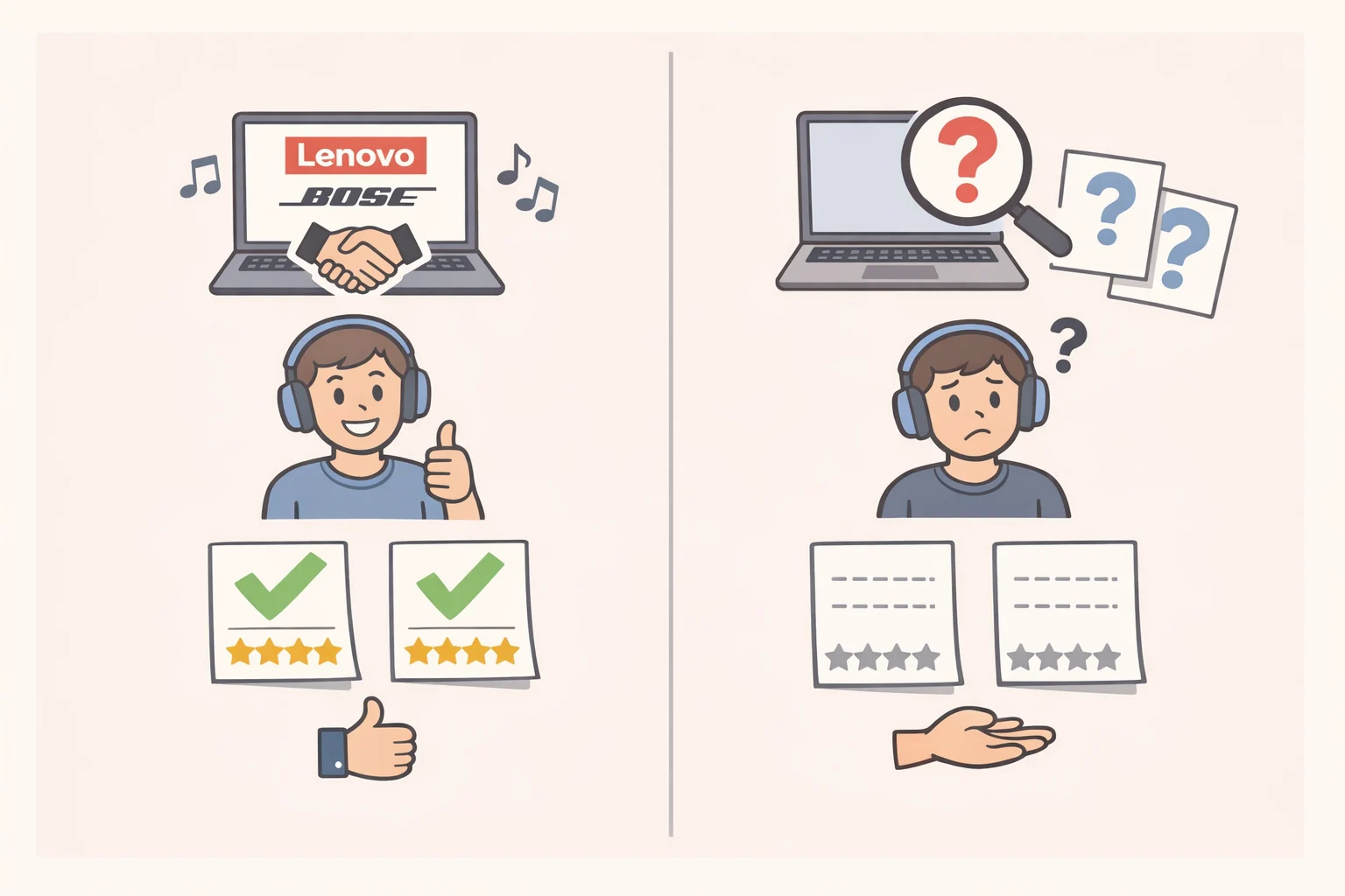 A visual comparison explaining Lenovo's "Sound by Bose" tuning collaboration for the Yoga PC Edition while indicating that independent reviews and third-party ANC testing were unavailable at publication time.