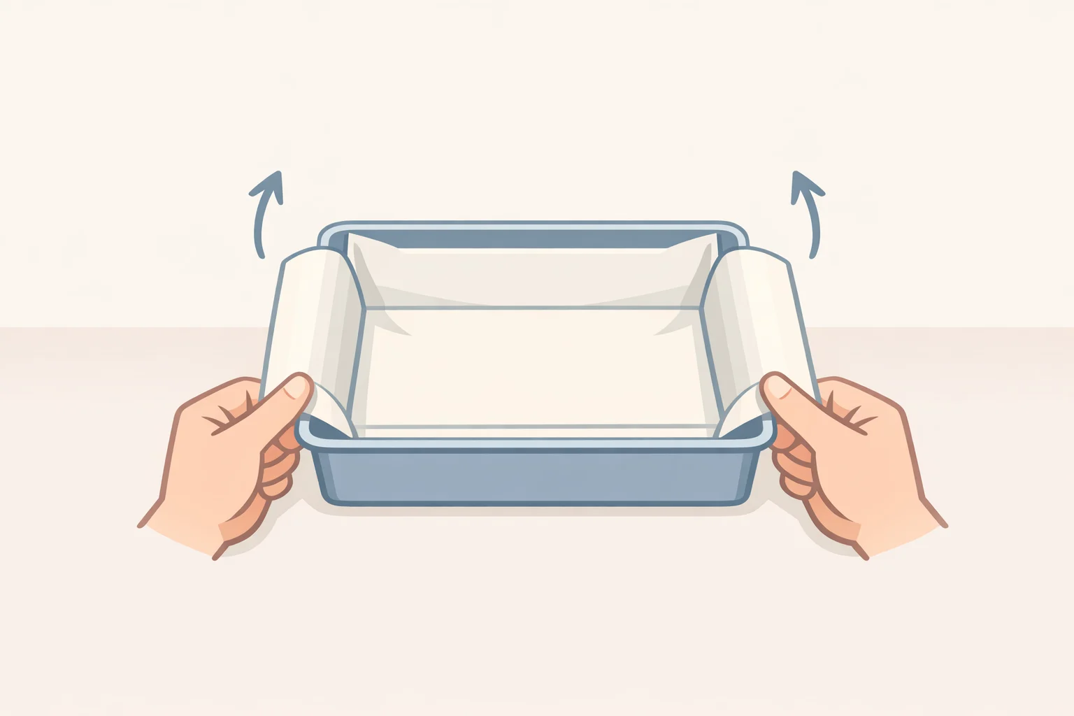 Illustration of an 8x8 baking pan lined with parchment paper overhang handles for lifting frozen peanut butter bars out
