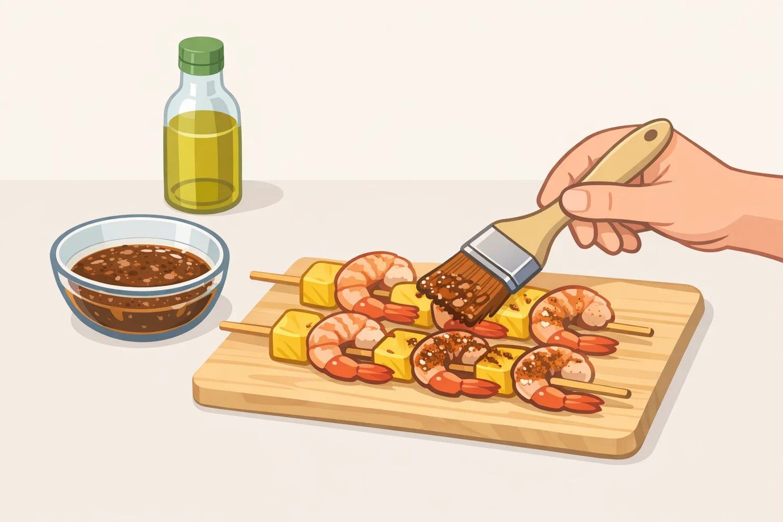 A small bowl of jerk paste stirred with olive oil and then brushed over skewered shrimp, pineapple, and red onion