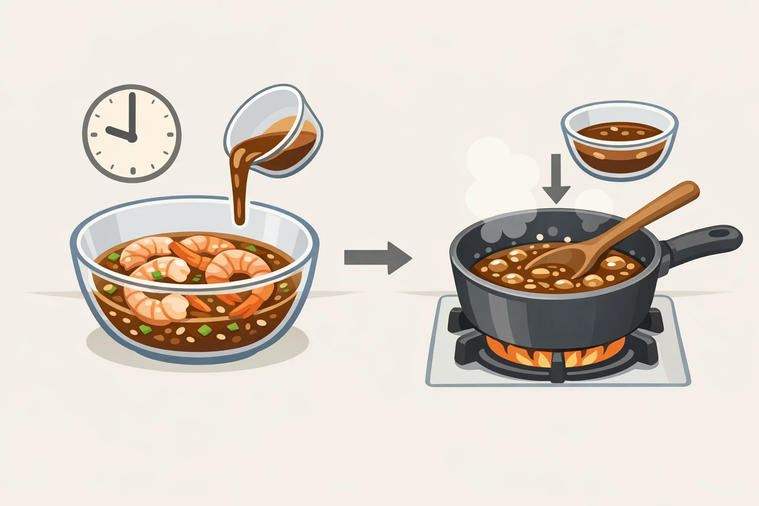 A whisked sweet chili glaze mixture, shrimp marinating for 15–30 minutes, and a saucepan simmering the reserved glaze until slightly thickened