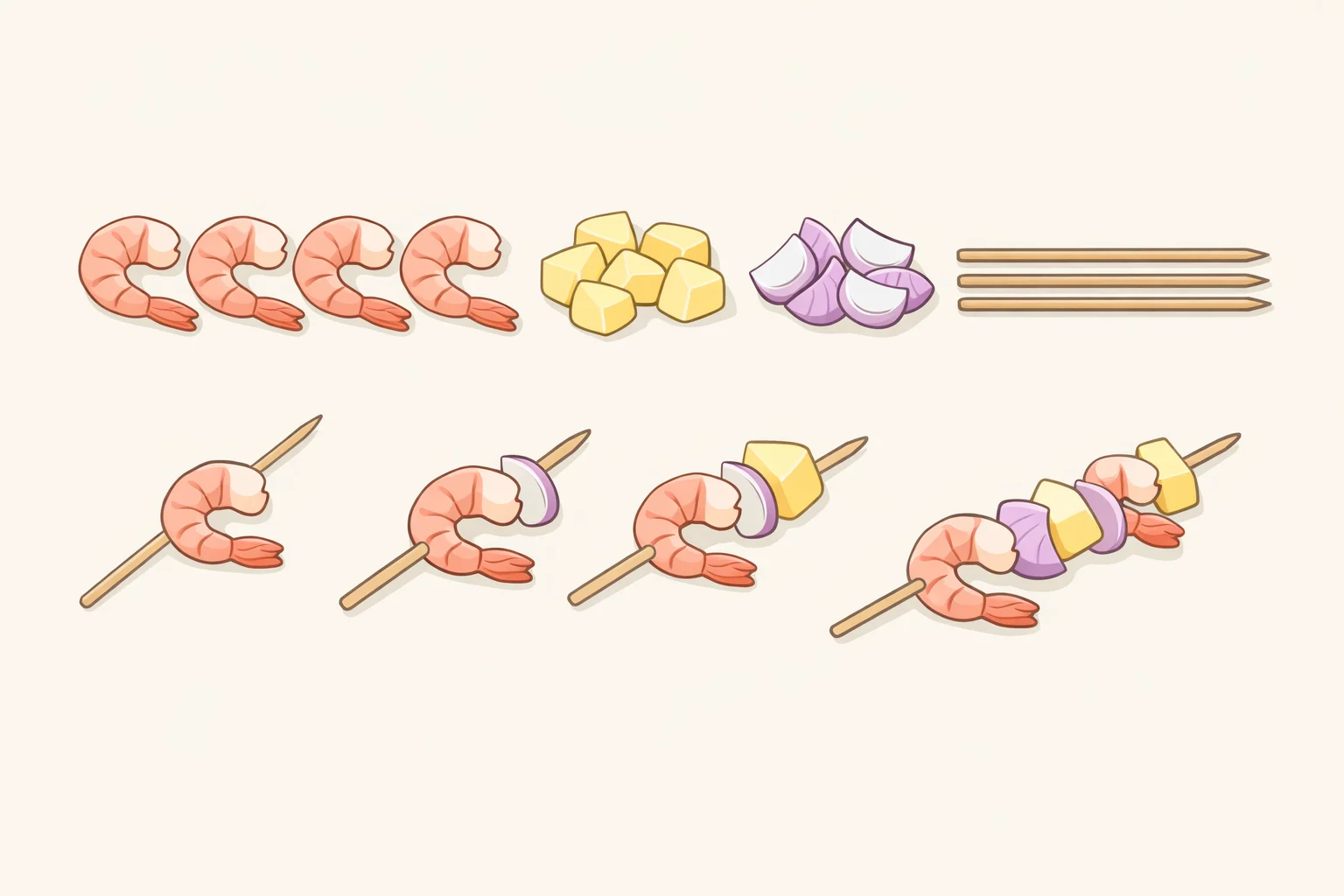 A cook threading shrimp, red onion, and 1-inch fresh pineapple chunks onto skewers right before grilling grilled shrimp and pineapple skewers
