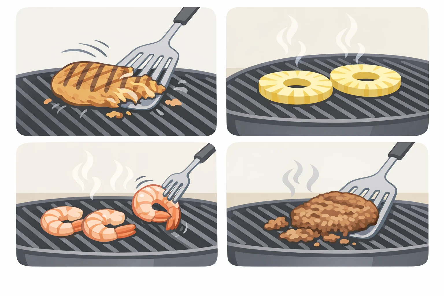 A grill-side comparison of shrimp skewers failing due to sticking, pineapple not charring, rubbery overcooked shrimp, and mushy shrimp from excess acidic contact