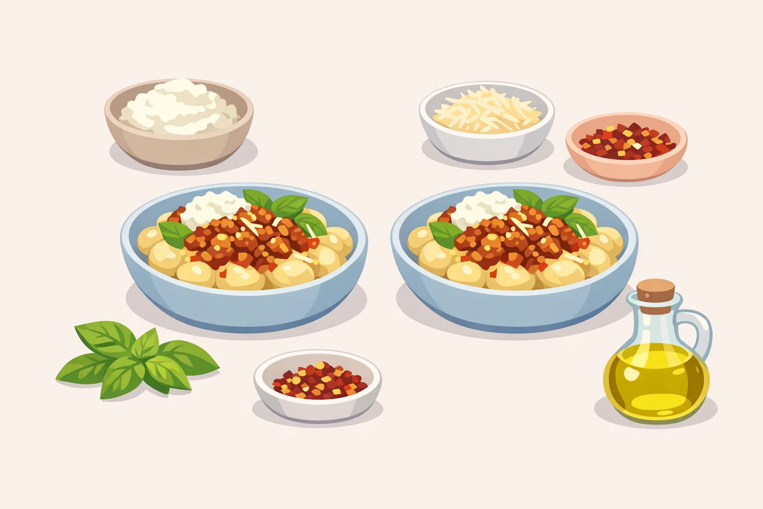 Plated bowls of spicy vodka sauce gnocchi topped with sweet-and-spicy glazed chicken crumbles and garnished with ricotta, basil, parmesan, extra peppers, and a drizzle of olive oil