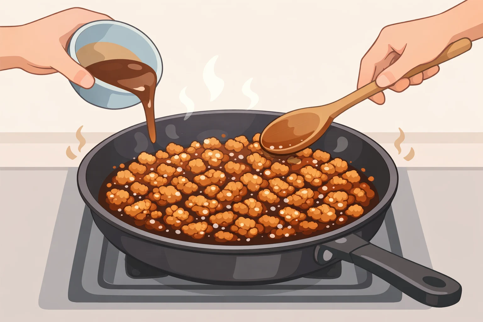Skillet view of ground chicken caramelizing with Calabrian chile peppers, balsamic vinegar, honey, and garlic to form a lacquered glaze for the calabrian chili butter chicken gnocchi