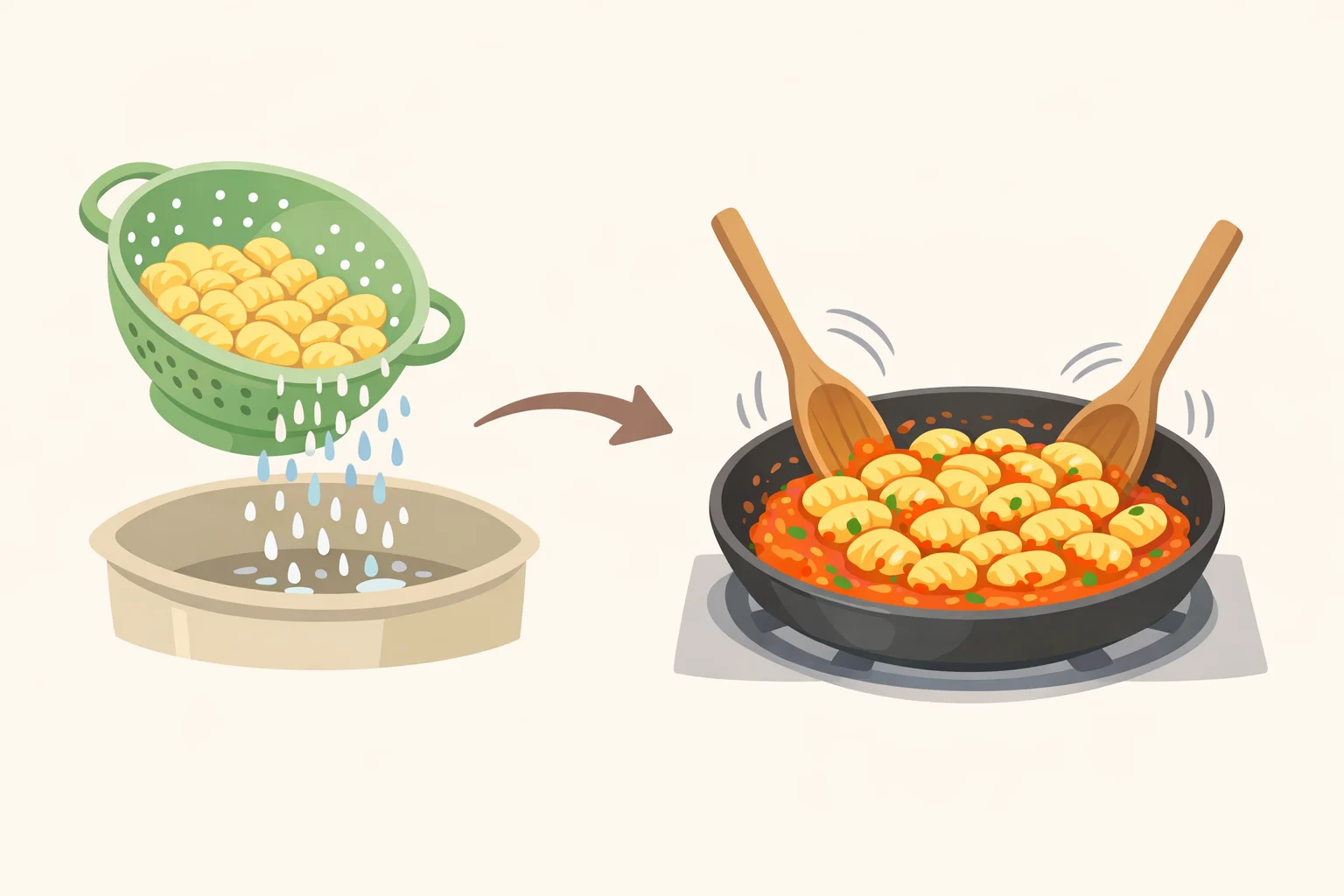 Cooked potato gnocchi being tossed in a skillet with blended cottage cheese spicy vodka sauce, using the remaining chicken fond for extra depth