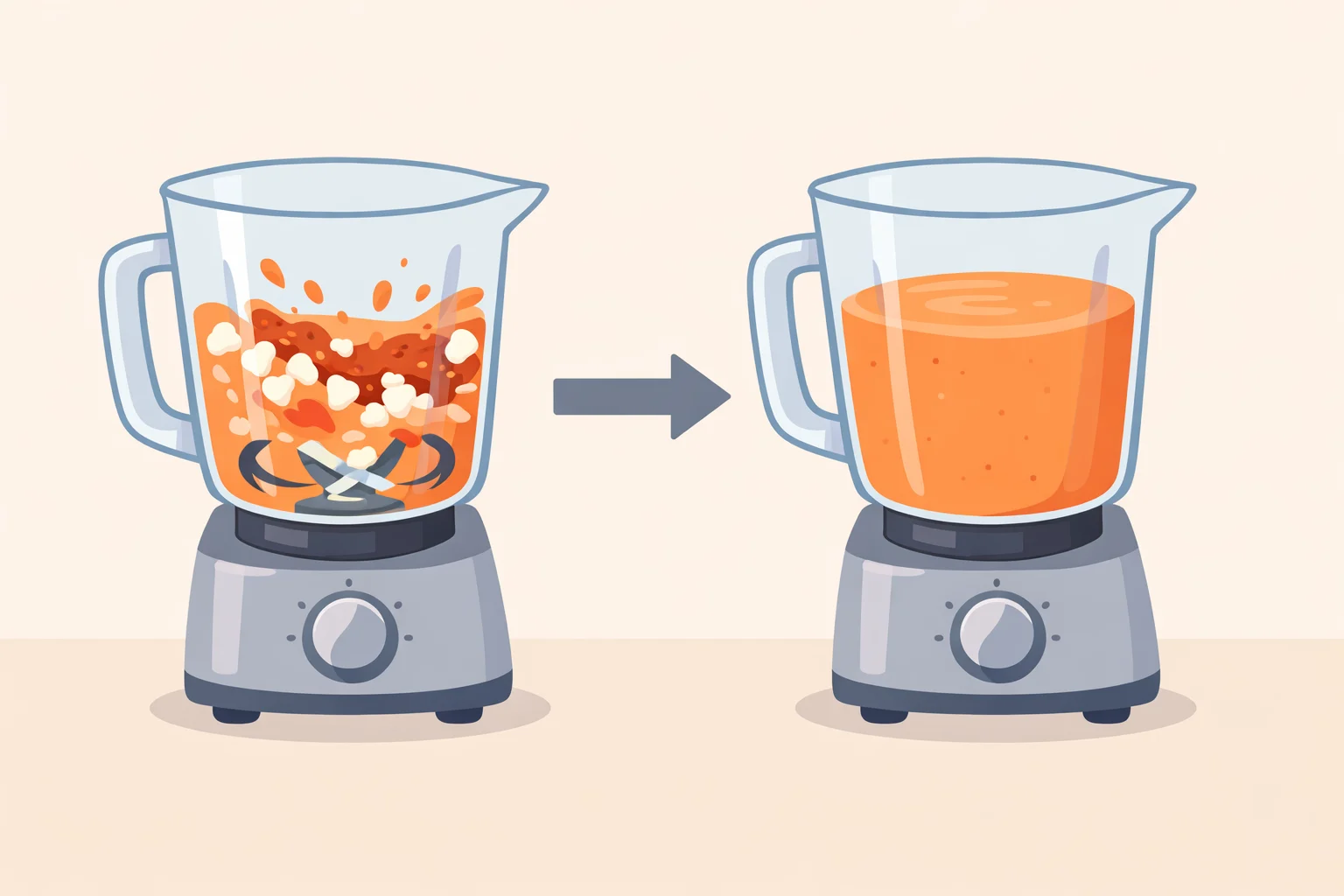 Blender pitcher showing a completely smooth, cream-like spicy vodka sauce made with cottage cheese and parmesan, ready to pour over gnocchi