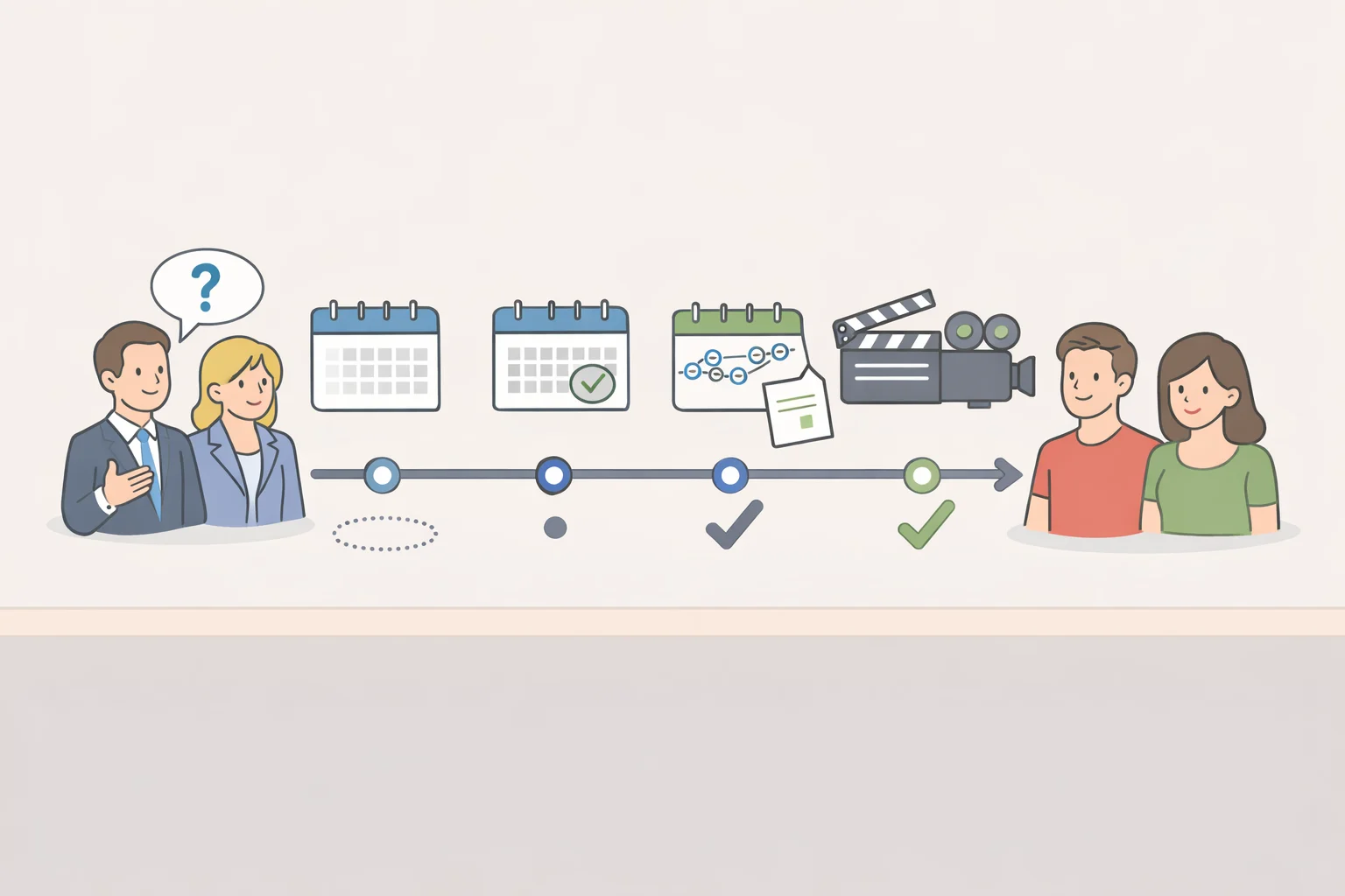 Illustrated timeline mapping Adam Scott and Matt Cherniss quotes from late April through early July to show how Severance season 3 production signals tightened over time